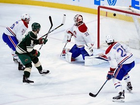 Jason Zucker #16 of the Minnesota Wild scores a goal against Carey Price #31 of the Montreal Canadiens during the third period of the game on January 12, 2017 at Xcel Energy Center in St Paul, Minnesota. The Wild defeated the Canadiens 7-1.