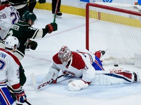 Nino Niederreiter of the Minnesota Wild celebrates his second goal as Carey Price of the Montreal Canadiens looks on during the third period of the game on January 12, 2017 at Xcel Energy Center in St Paul, Minnesota. The Wild defeated the Canadiens 7-1.