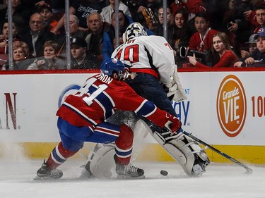 Montreal Canadiens left wing Paul Byron (41) tries to get the loose puck against Washington Capitals goalie Braden Holtby (70) during 2nd period NHL action at the Bell Centre in Montreal, on Monday, January 9, 2017.