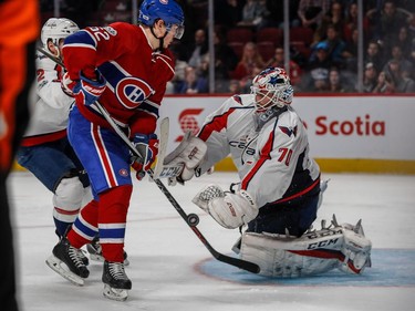 Montreal Canadiens left wing Artturi Lehkonen (62) can't score against Washington Capitals goalie Braden Holtby (70) during 3rd period NHL action at the Bell Centre in Montreal, on Monday, January 9, 2017.