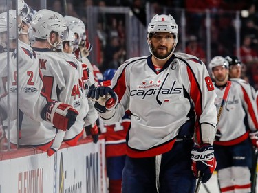 Washington Capitals left wing Alex Ovechkin (8) scored his 544th goal (career point 999) against Montreal Canadiens goalie Carey Price (31) during 3rd period NHL action at the Bell Centre in Montreal, on Monday, January 9, 2017 to tie Rocket Richard for 29th on the all-time goal scoring list.