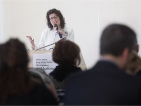 Lynne McVey of the Montreal-West-Island Integrated University Health and Social Services Centre, addresses a gathering of health and social services professionals in Dorval on Jan. 13, 2017.