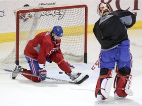 Carey Price scores a goal on forward Alex Radulov during Canadiens practice at the Bell Sports Complex in Brossard on Sunday Jan. 15, 2017.