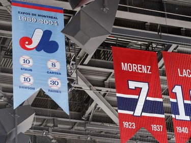 A banner marking Tim Raines' induction to the Baseball Hall of Fame hangs from the Bell Centre during NHL action in Montreal on Wednesday January 18, 2017.