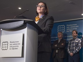 Diane Francoeur, president of Fédération des médecins spécialistes du Québec (FMSQ) speaks to the media in Montreal, on Thursday, January 19, 2017. Francoeur was joined by heads of affiliated medical associations on issues of conflict with Quebec Health Minister Gaétan Barrette.