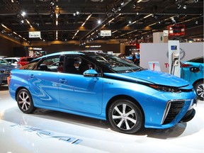 The Toyota Mirai is a hydrogen fuel cell vehicle, displayed at the Toyota boot at the 49th edition of the Montreal International Auto Show.