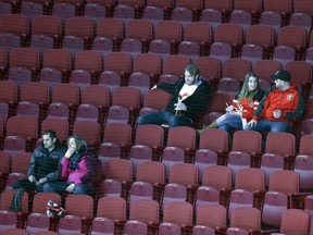 Fans sit in largely empty section in the lower bowl at the Bell Centre during World Junior Championship hockey tournament quarter-final game between Canada and the Czech Republic in Montreal Monday January 2, 2017.  Could Habs games soon look like this?