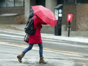 A woman takes shelter from freezing rain under her umbrella on Dr. Penfield Ave. one year ago, on Jan. 24, 2017.