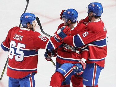 Montreal Canadiens' Alexander Radulov, centre, celebrates goal with teammates Andrew Shaw (65) and Shea Weber (6) during second period NHL action in Montreal on Tuesday January 24, 2017.