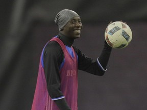 Montreal Impact defender Hassoun Camara takes part in the first day of training camp at the Olympic Stadium in Montreal on Tuesday, January 24, 2017.