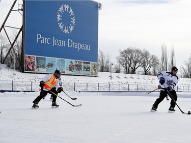The Phoenix and the Commission Charbonneau take part in the Classique Montrealaise outdoor hockey tournament on Sunday, Jan. 29, 2017, on the Olympic Basin in Jean-Drapeau Park.