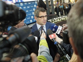 Montreal Canadiens GM Marc Bergevin, met the journalists after the unveilling of the logo of the Laval Rocket of the AHL, at a news conference, Tuesday January 31, 2017 in Laval.