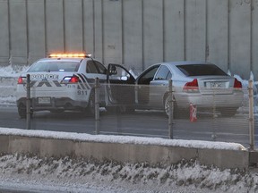 A police officer was badly hurt during a chase in Longueuil on Highway 116 Jan. 6, 2017.