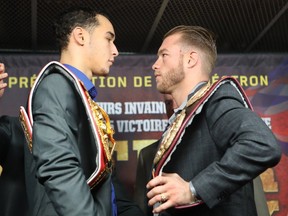 Quebec boxer Steven "Bang Bang" Butler, left, and Brandon "Bad Boy" Cook on Nov. 16, 2016.  The 12-round fight will be presented on Saturday at the Bell Centre for the unification of the IBF/WBA North-American titles.