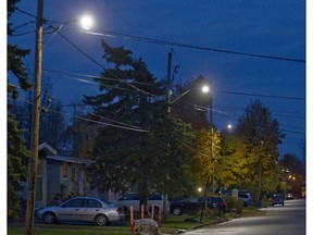 Maple St. in Pincourt, west of Montreal, is lit by LED street lights, Monday November 2, 2015.  The lighting from these lamps is cooler than traditional sodium based lamps which emit reddish lighting.