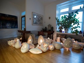 An art installation in the living room in the home of Victoria Block  in Montreal.