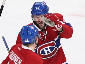 Canadiens' Alexander Radulov (47) celebrates a goal by teammate Artturi Lehkonen. Radulov has been on a roll since Christmas. He has a six-game points streak with four goals and four assists. Radulov has 10 goals and 21 assists and is only three points back of Max Pacioretty for the team scoring lead.
