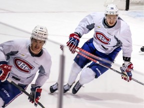 Nikita Scherbak, right, and Connor Crisp skate at the Bell Sports Complex in Brossard on Sept. 23, 2016. Scherbak will probably make his NHL debut Saturday for the Canadiens in Toronto.