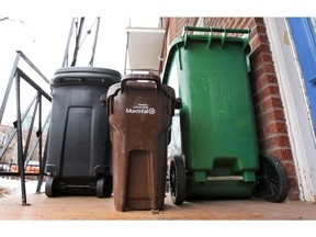 Organic-waste bins, like the brown bin pictured, are on display at the Pierrefonds-Roxboro borough hall.