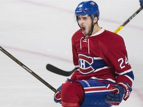 Canadiens' Phillip Danault celebrates after scoring against the Buffalo Sabres, in Montreal on Saturday, Jan. 21, 2017.