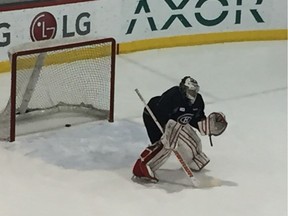 Raphael Girard guards net at Canadiens practice in Brossard on Jan. 30, 2017.