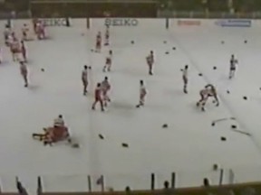 Screen grab from the 1987 Team Canada- Russia Punch-up in Piestany World Junior Championships brawl. (credit: Youtube: CBC-IIHF)