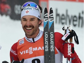 Canadian Alex Harvey reacts after the men 15 kilometer pursuit free style competition of the "Tour de Ski" Cross Country World Cup on Jan. 4, 2017, in Oberstdorf, southern Germany.