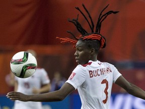 Canada defender Kadeisha Buchanan plays the ball as they face the Netherlands during first half Women's World Cup soccer action in Montreal on June 15, 2015. Buchanan, a 21-year-old defender from Brampton, Ont., is one of three finalists for the Missouri Athletic Club's Hermann Trophy which is billed as U.S. college soccer's version of the Heisman Trophy. THE CANADIAN PRESS/Paul Chiasson