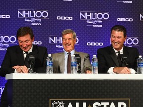 Former NHL players Wayne Gretzky, Bobby Orr and Mario Lemieux react during the NHL 100 press conference on Jan. 27, 2017 in Los Angeles, California. For Stu Cowan the answer is simple: Bobby Orr is the greatest player to have played in the National Hockey League.