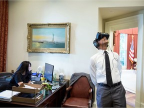 This official White House photo shows President Barack Obama wearing headset, watching a virtual reality film made by Félix & Paul Studios of Montreal. The film: Through the Ages: President Obama Celebrates America's National Parks