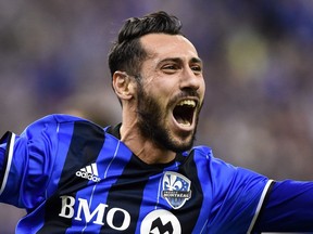 Matteo Mancosu of the Montreal Impact celebrates his goal during leg one of the MLS Eastern Conference finals against the Toronto FC at Olympic Stadium on November 22, 2016 in Montreal, Quebec, Canada.