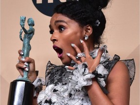 Actress Janelle Monae, co-recipient of the Outstanding Performance by a Cast in a Motion Picture award for 'Hidden Figures,' poses in the press room during the 23rd Annual Screen Actors Guild Awards at the Shrine Exposition Center on Sunday, Jan.29, 2017 in Los Angeles.