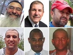 The six victims of a shooting at a Quebec City mosque, Sunday, Jan. 29, 2017.
(Top row, from left): Azzeddine Soufiane, Khaled Belkacemi, Aboubaker Thabti.
(Bottom row, from left): Abdelkrim Hassane, Mamadou Tanou Barry, Ibrahima Barry.