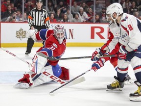 Canadiens' Carey Price makes a save on a shot by Washington Capitals' Alex Ovechkin in Montreal on Feb. 4, 2017.