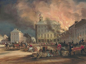 Burning of Hayes House, Dalhousie Square (later known as Viger Square), Montreal, 1852.