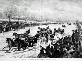 Trotting races on the ice, near Montreal, Feb. 23, 1871.