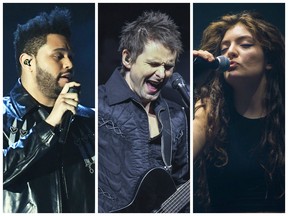 Left to right: The Weeknd, Matt Bellamy of Muse, Lorde.