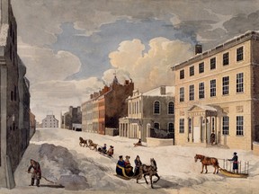 St. James St., in 1830. A dangerous time for pedestrians because the clearing of snow from sidewalks was done (or not done) by individual residents and shopkeepers.