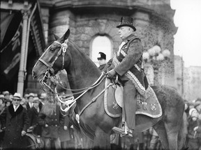 Mounted gentleman with top hat, St. Patrick's Day Parade, Montreal, about 1930.