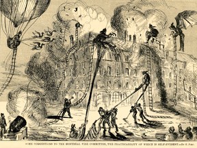 Cartoon from The Canadian Illustrated News of April 12, 1873, which says, "Some suggestions to the Montreal fire committee, the practicability of which is self-evident," regarding ineffective equipment used by the Montreal Fire Dept., in an attempt to extinguish a fire at the five-storey St. James Hotel that killed five people.