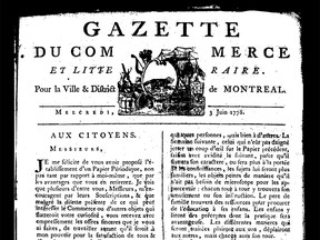 The first edition of Montreal's first newspaper, La Gazette du Commerce et Littéraire pour la Ville et District de Montréal, which later became the Montreal Gazette.