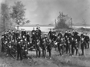 No. 6 Company, Victoria Rifles, Montreal, composite, 1889: Shortly after the start of the American Civil War, the supposed possibility of invasion caused the formation of a number of militias in Canada. In Montreal, members of the Beaver Lacrosse Club formed the Victoria Rifles Company in 1861.