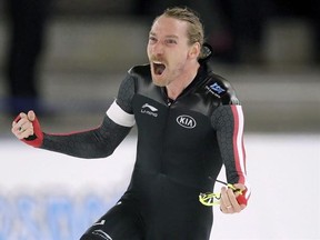 Canada&#039;s Ted-Jan Bloemen celebrates after his men&#039;s 5000 meters race of the Speed Skating World Cup in Berlin, Germany, Saturday, Jan. 28, 2017. Bloemen is among the Canadian athletes to watch heading into the Peyongchang Olympics. THE CANADIAN PRESS/AP/Michael Sohn