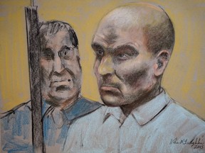 Bertrand Charest, who faces a total of 57 charges involving 12 young females, is seen on a court drawing during a bail hearing, on March 16, 2015 in St-Jérôme.