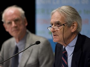 Charles Taylor (left) and Gérard Bouchard present their report on "reasonable accommodations" of Quebec religious minorities  Thursday, May 22, 2008 at a press conference in Montreal.