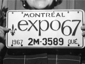 A special licence plate designed for Expo 67 on April 5, 1966, from Montreal Gazette files. Several museums and galleries taking part in Nuit Blanche festivities this year will showcase archival material from Expo 67.