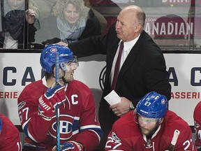 Canadiens head coach Claude Julien talks with players Max Pacioretty, left, and Alex Galchenyuk  during Saturday's game.