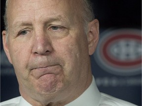 Canadiens head coach Claude Julien reacts as he speaks to reporters following an NHL hockey game against the Winnipeg Jets in Montreal on Saturday, Feb. 18, 2017.