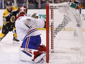 Boston Bruins' David Krejci (46), of the Czech Republic, scores on Montreal Canadiens' Carey Price (31) during the second period of an NHL hockey game in Boston, Sunday, Feb. 12, 2017.