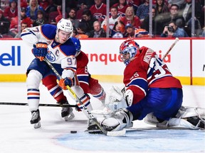 Canadiens goaltender Al Montoya  makes a pad save on Connor McDavid of the Edmonton Oilers at the Bell Centre on Sunday, Feb. 5, 2017.